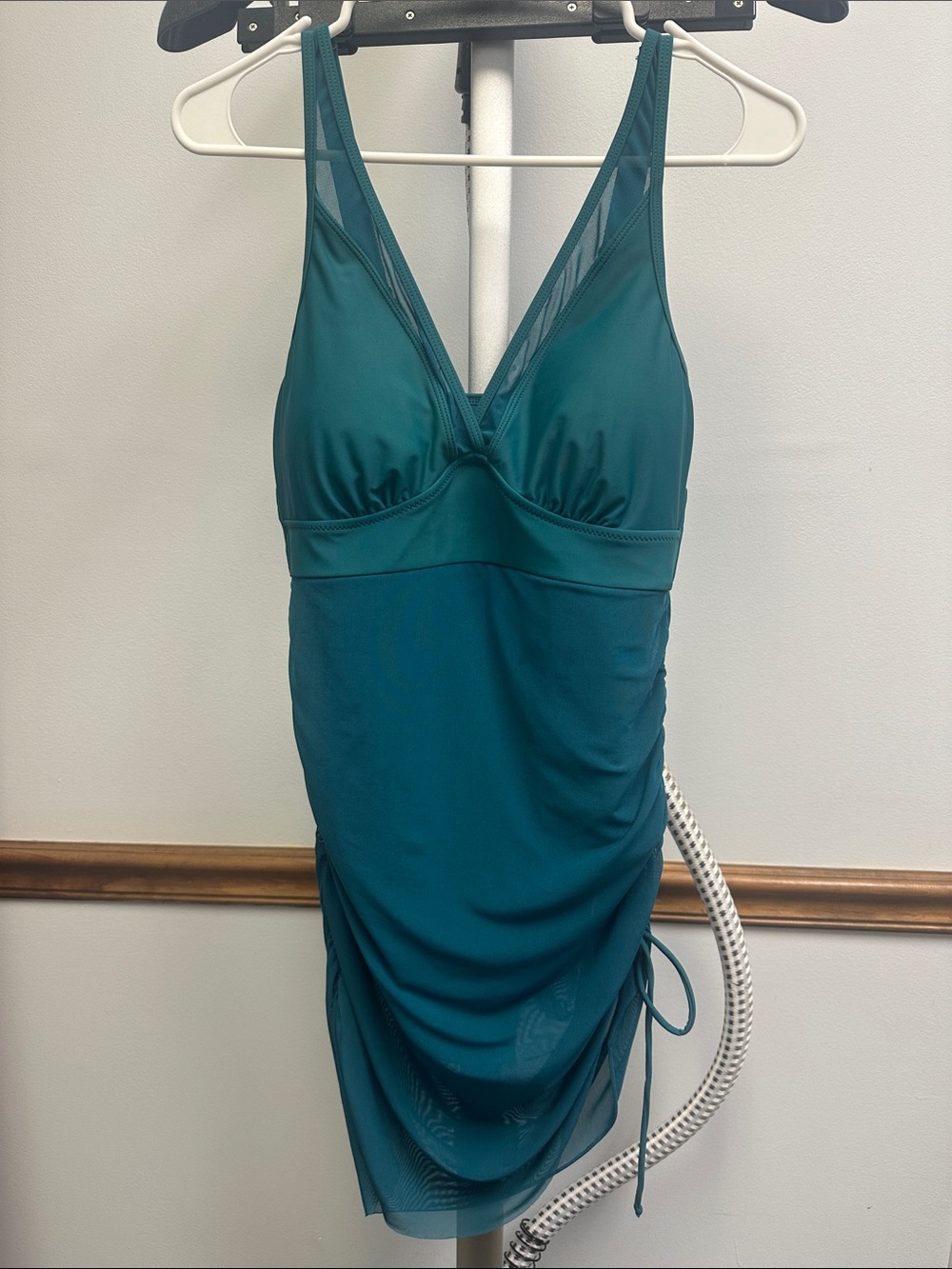 Teal Mesh-Trim Swim Dress